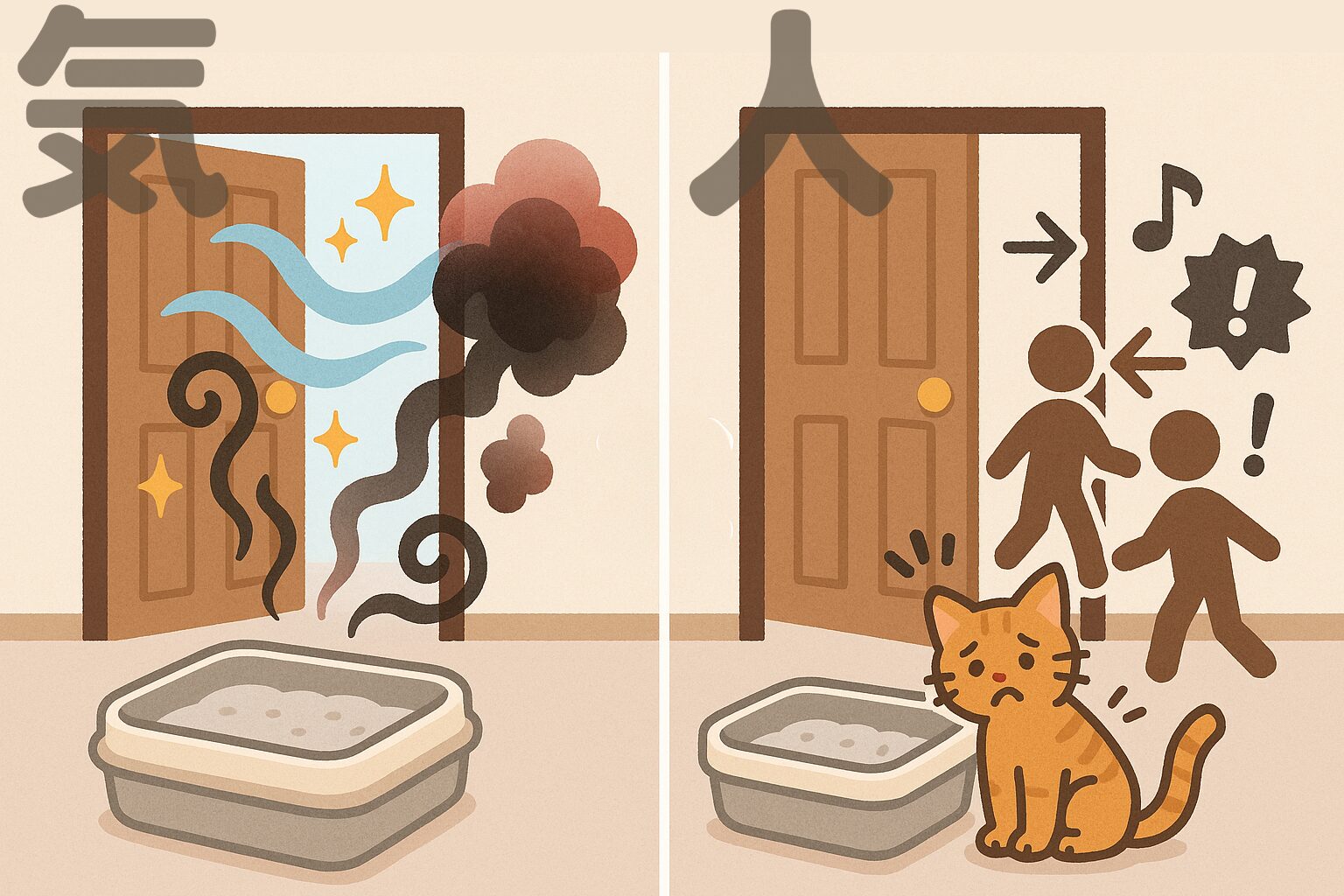 玄関は気と人の出入り口｜猫トイレの配置が運気と猫の快適さに影響するイラスト