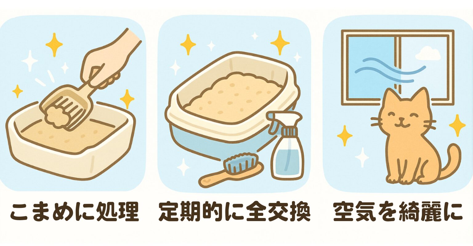 猫トイレを清潔に保つ方法｜こまめに処理・定期的に全交換・空気を綺麗にするイラスト