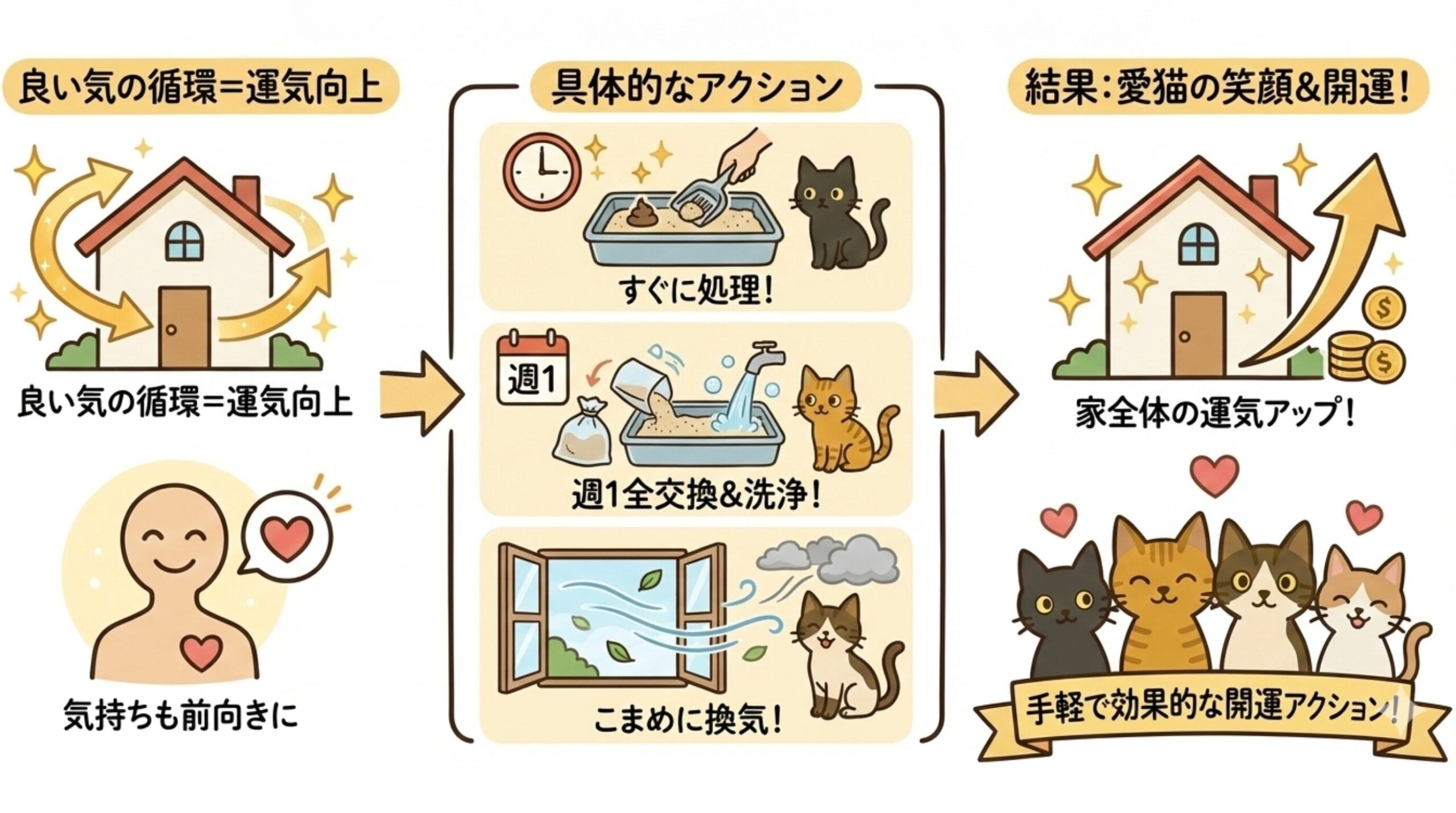 猫トイレの掃除と換気で良い気を循環させ運気を上げる開運アクションの図解