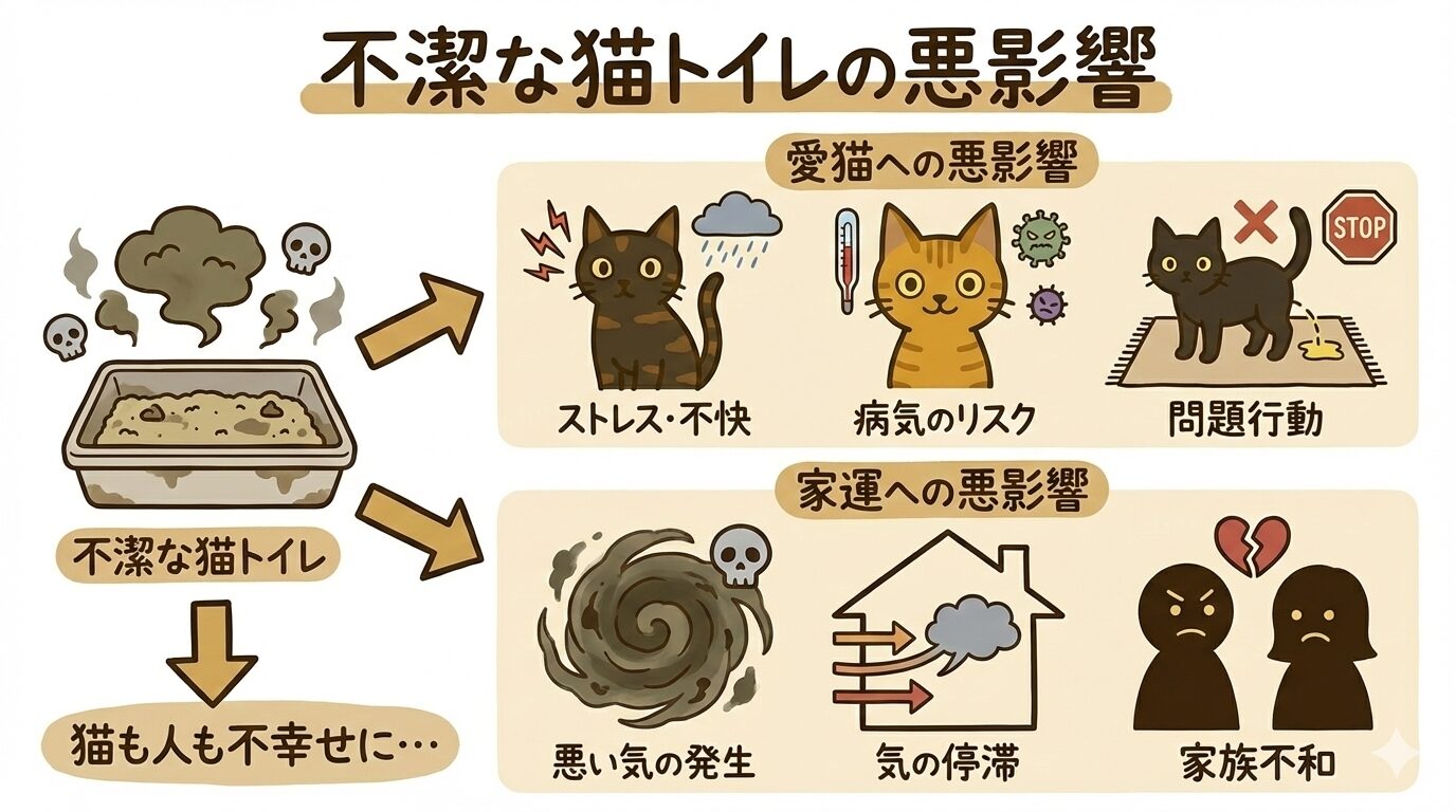 不潔な猫トイレによる愛猫のストレスや病気、家運低下や家族不和など悪影響の図解