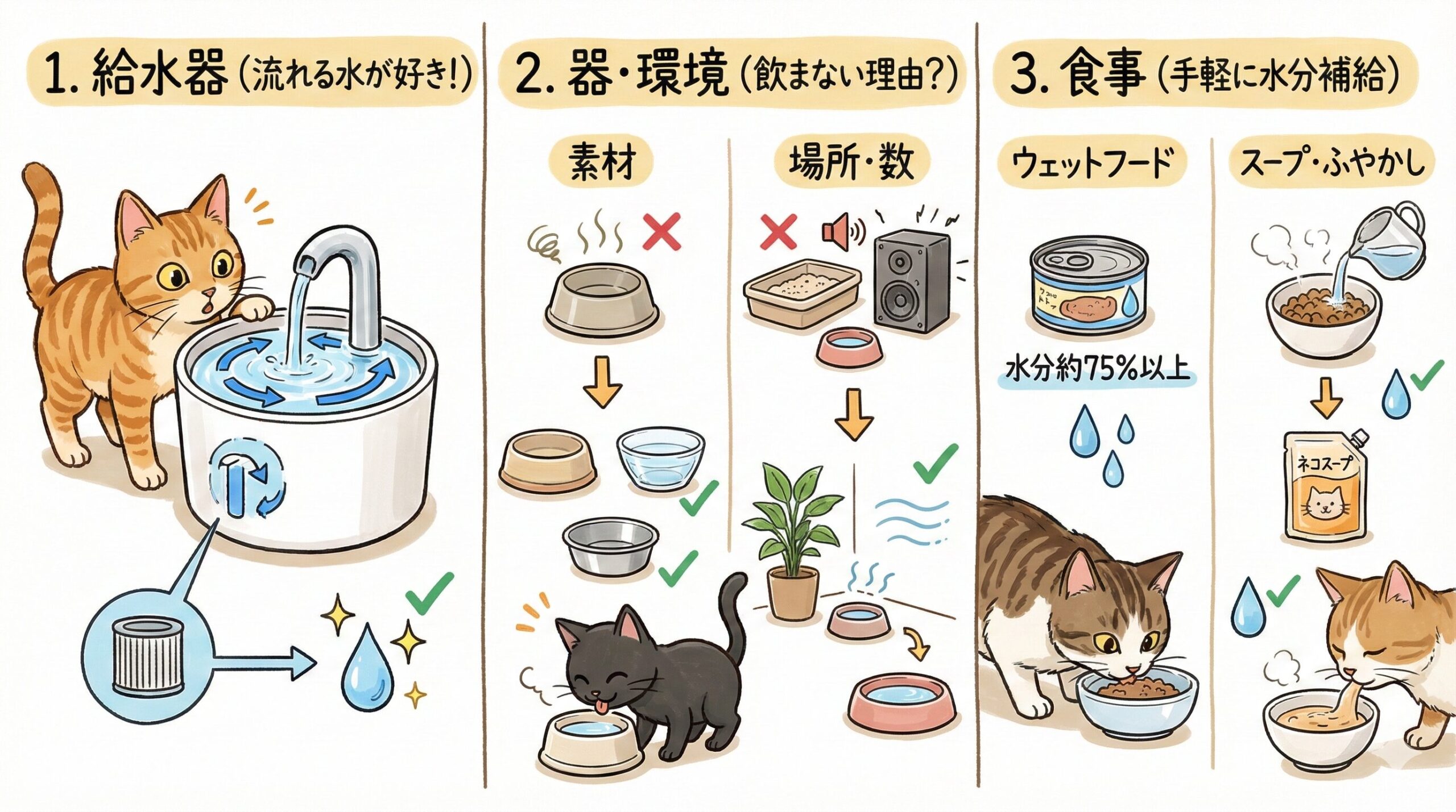 水を飲まない猫への対処法3選。自動給水器、器と置き場所の改善、食事からの水分補給の図解