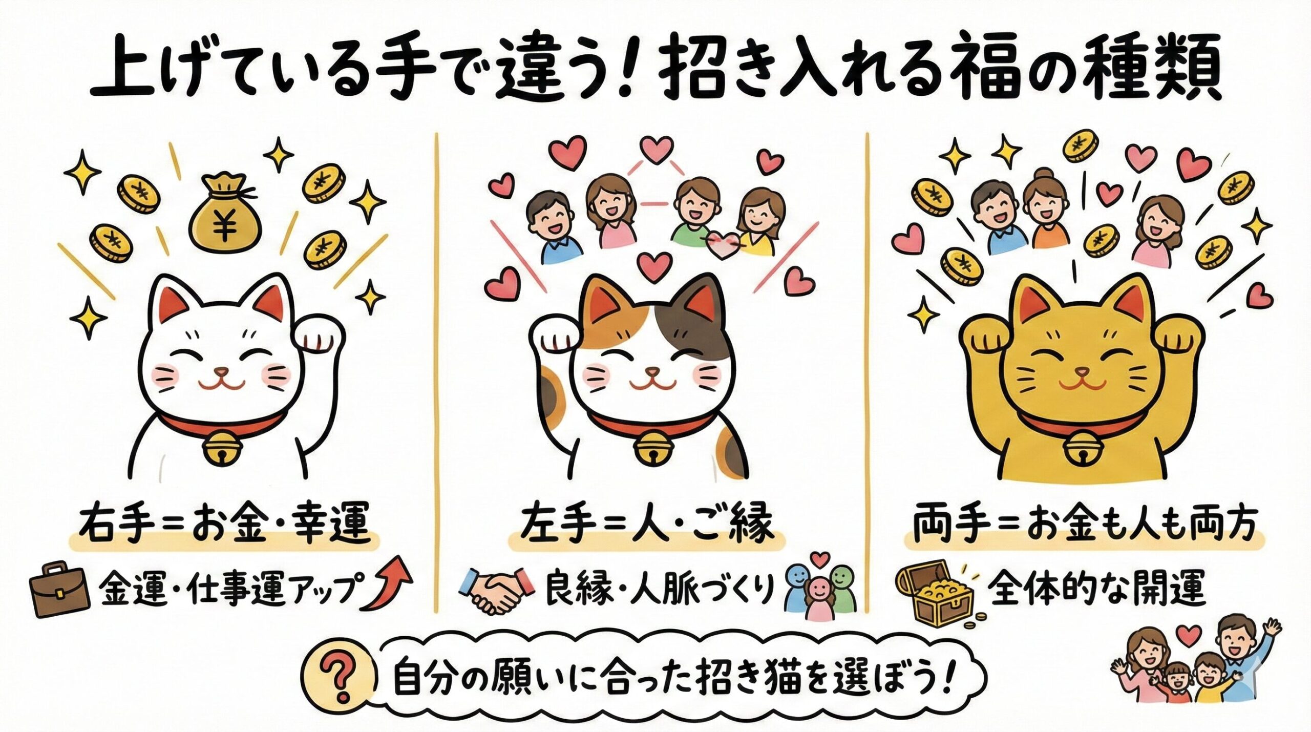 招き猫の手の意味図解。右手は金運、左手は人脈、両手は金運と人の両方を招くご利益の違いを比較