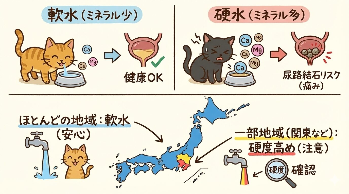 軟水は健康で硬水は尿路結石リスクがある比較と、日本の軟水事情（関東は硬度高め）を示した図解
