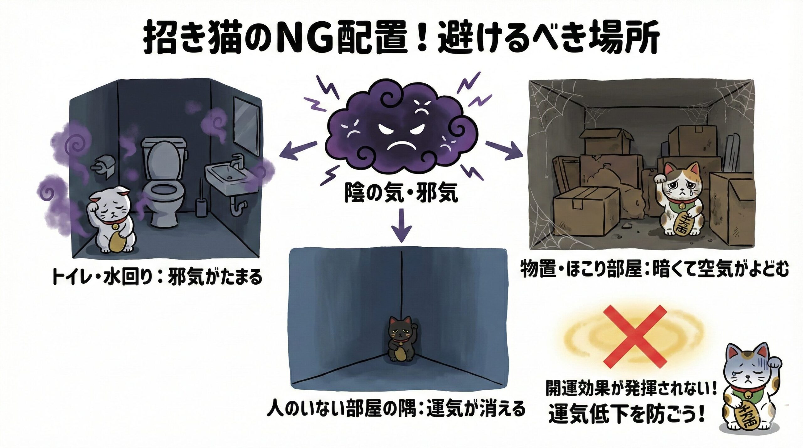 招き猫のNGな置き場所図解。トイレや物置、人のいない部屋の隅など陰の気が強い場所は避ける。