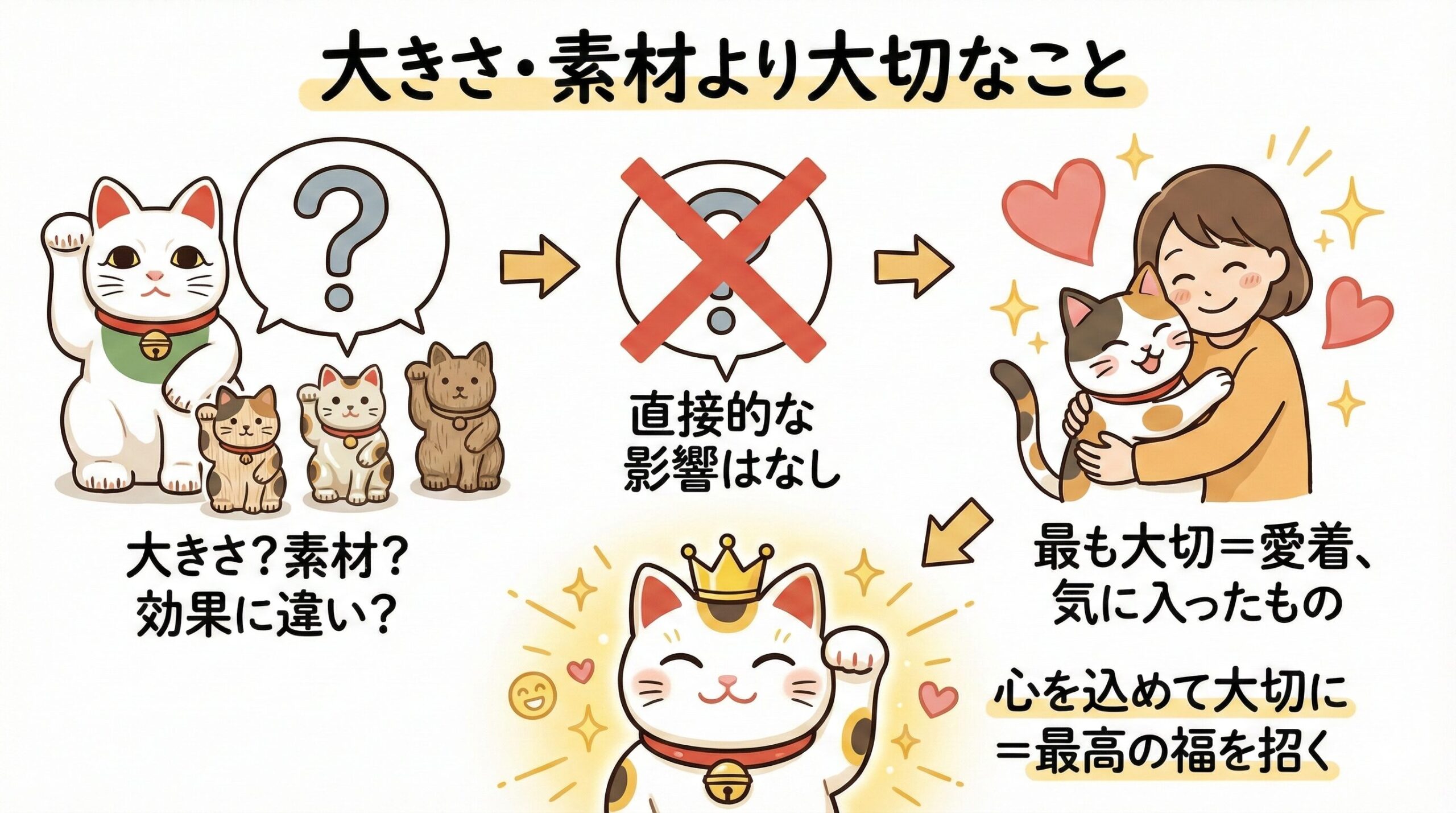 招き猫の大きさや素材より愛着が大切。気に入ったものを心を込めて扱うことで最高の福を招く図解