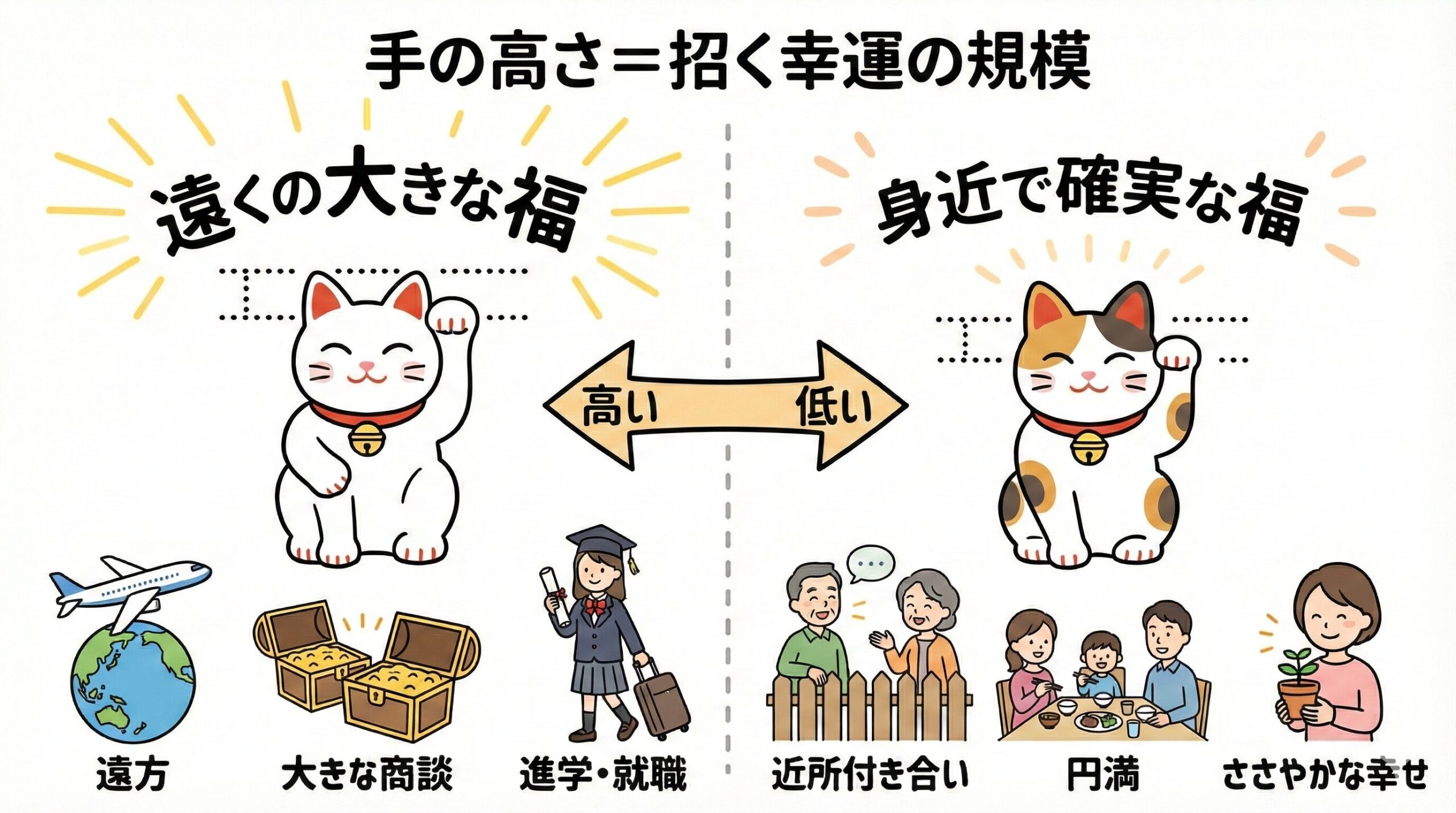 招き猫の手の高さの意味図解。高い手は遠くの大きな福、低い手は身近で確実な福を招く違い。
