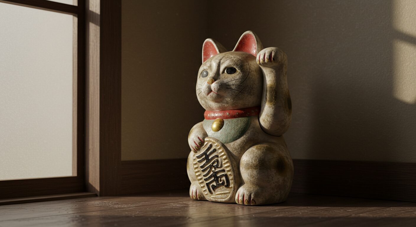 古びた招き猫の置物。色あせやひびが入り、時間の経過を感じさせる姿。