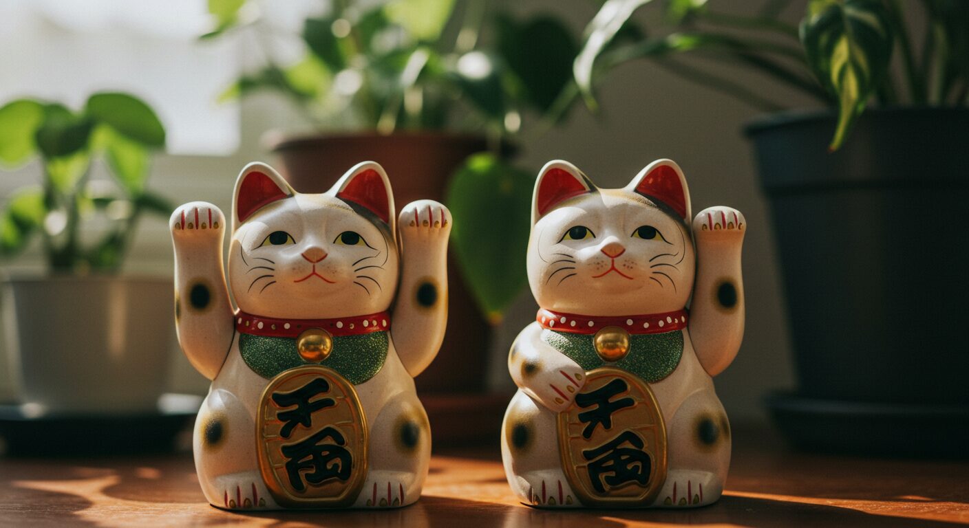 招き猫2体が並んで置かれている様子。風水で招き猫を取り入れるときの形や色選びの参考イメージ。
