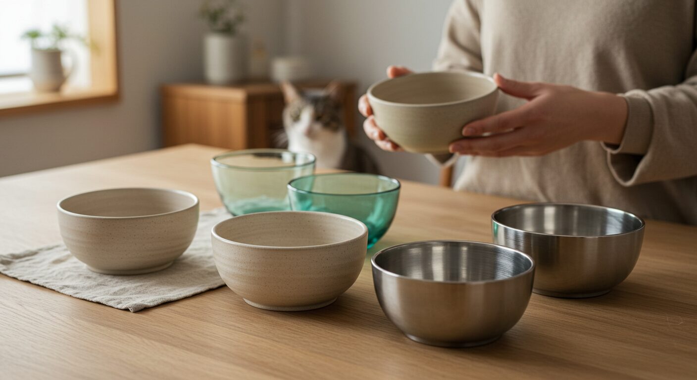 水道水も他の水も飲まない猫に、飼い主がいろいろな器を並べてどれを選ぶか考えている様子。猫に水道水は大丈夫か不安な場合の対処法を解説する記事のイメージ。