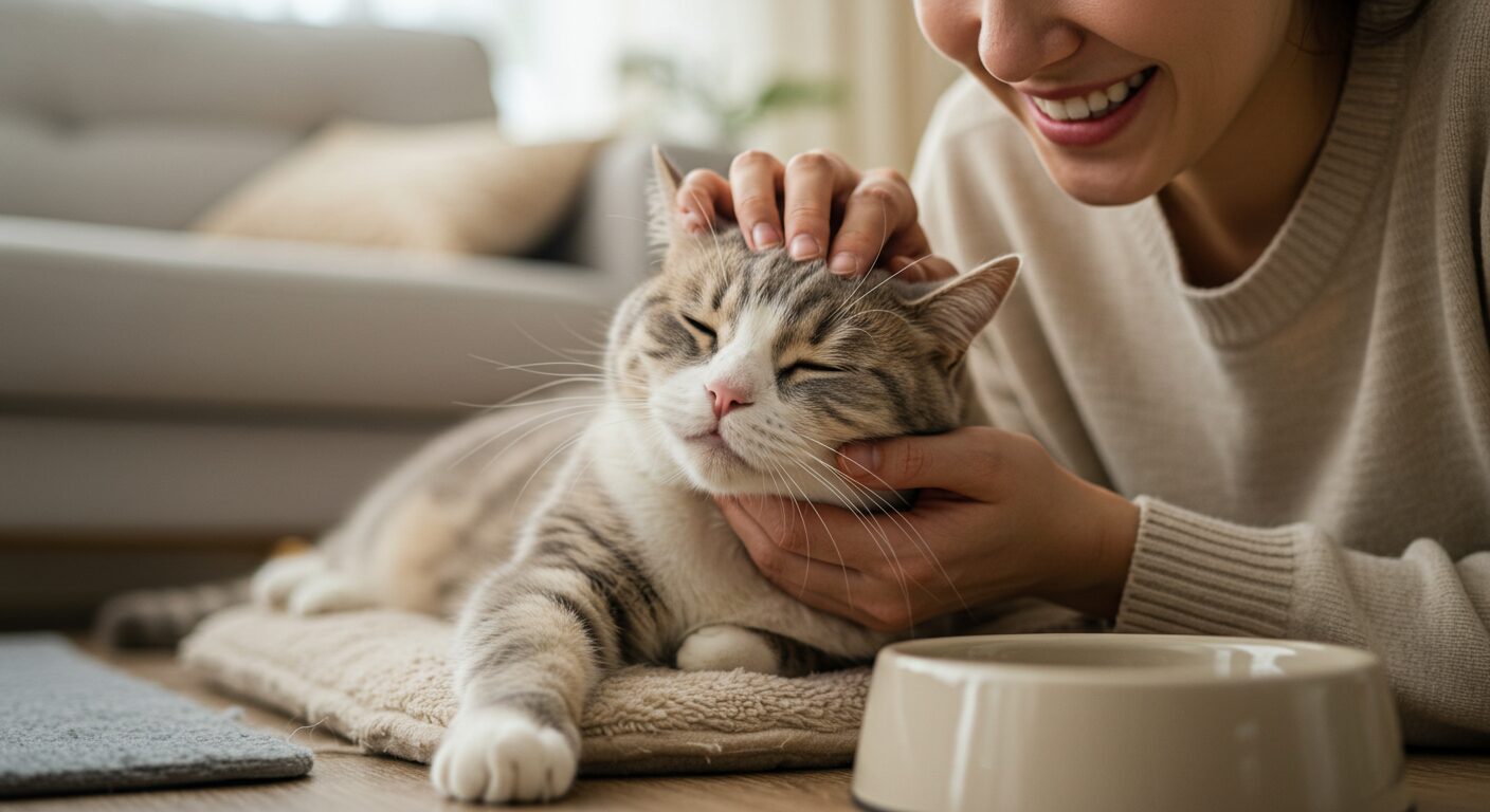 飼い主が猫をなでて笑顔で過ごすリビングの様子。猫に水道水は大丈夫という安心感を伝える記事のまとめイメージ。