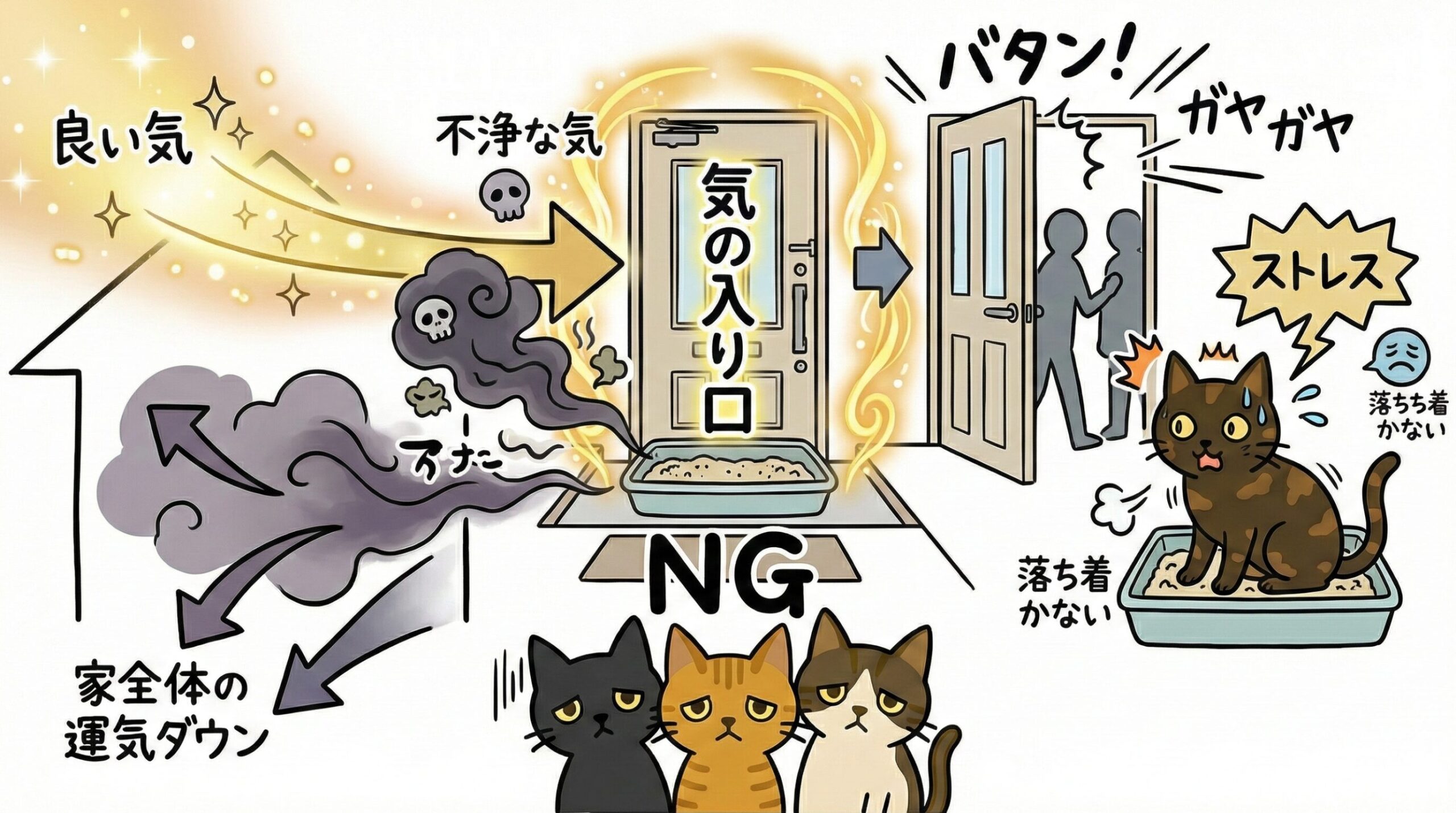 玄関の猫トイレが風水的にNGな理由（運気低下）と猫へのストレス（騒音・人の出入り）の図解