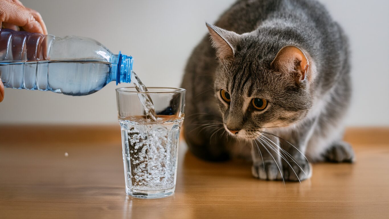 水道水を飲まない猫が、ミネラルウォーターをコップに注ぐ様子を見ている。猫に水道水は大丈夫か不安な場合の代替水の選び方を解説する記事のイメージ。