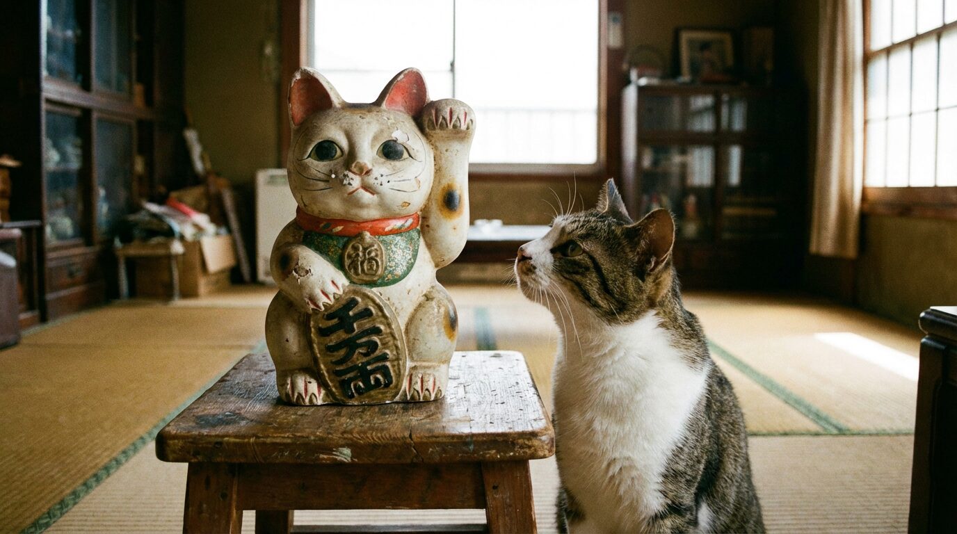 古い招き猫と本物の猫。役目を終えた縁起物を感謝して手放す処分のイメージ。