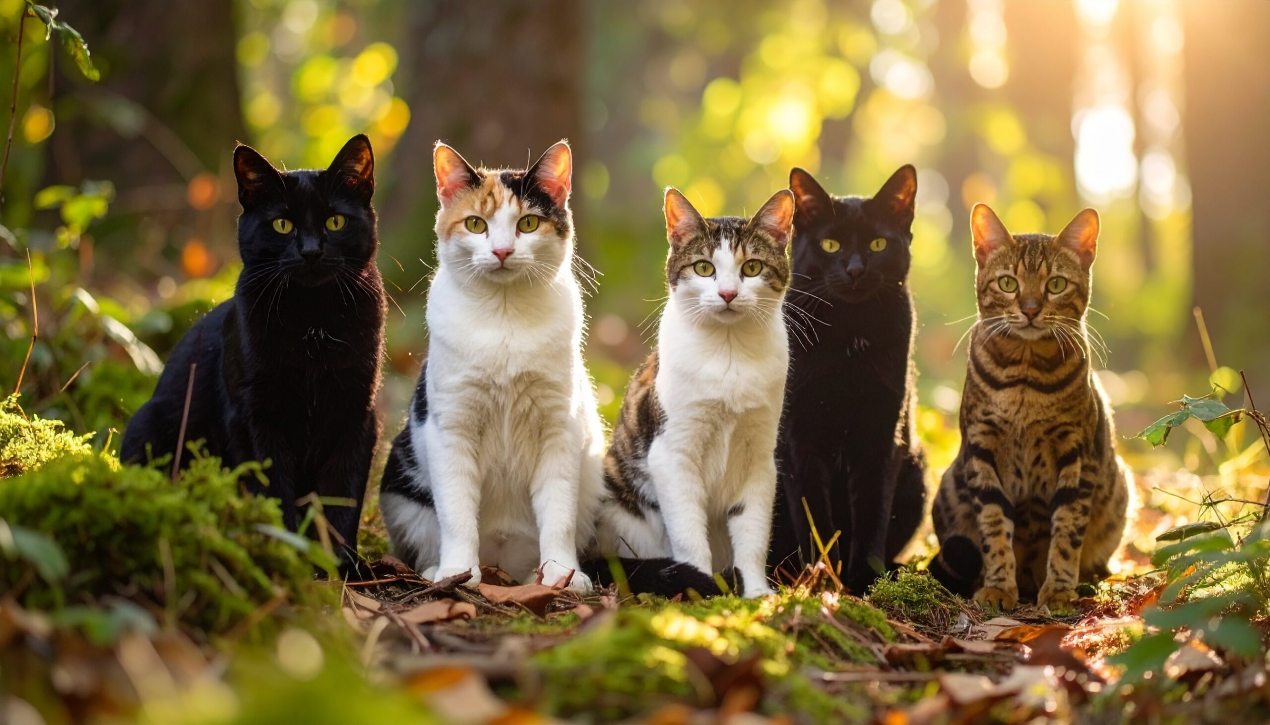黒猫・白猫・三毛猫・茶トラ・キジトラが並ぶ森の中の風景｜猫の毛色と風水的意味