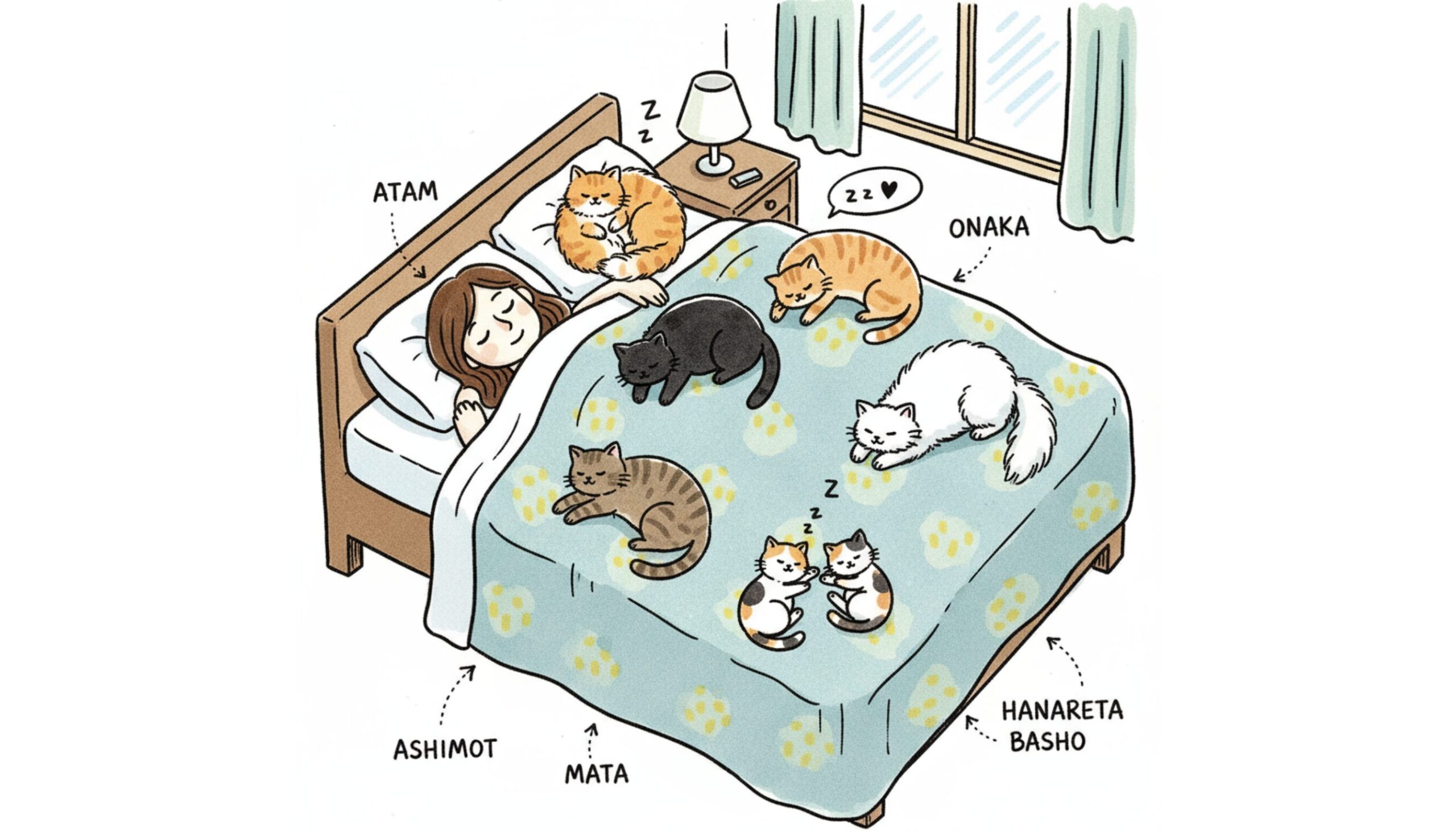猫が飼い主と一緒に寝る位置と、そこに込められたスピリチュアルな意味を解説したイラスト。頭元、お腹、足元など、様々な場所で眠る猫たちが描かれている。