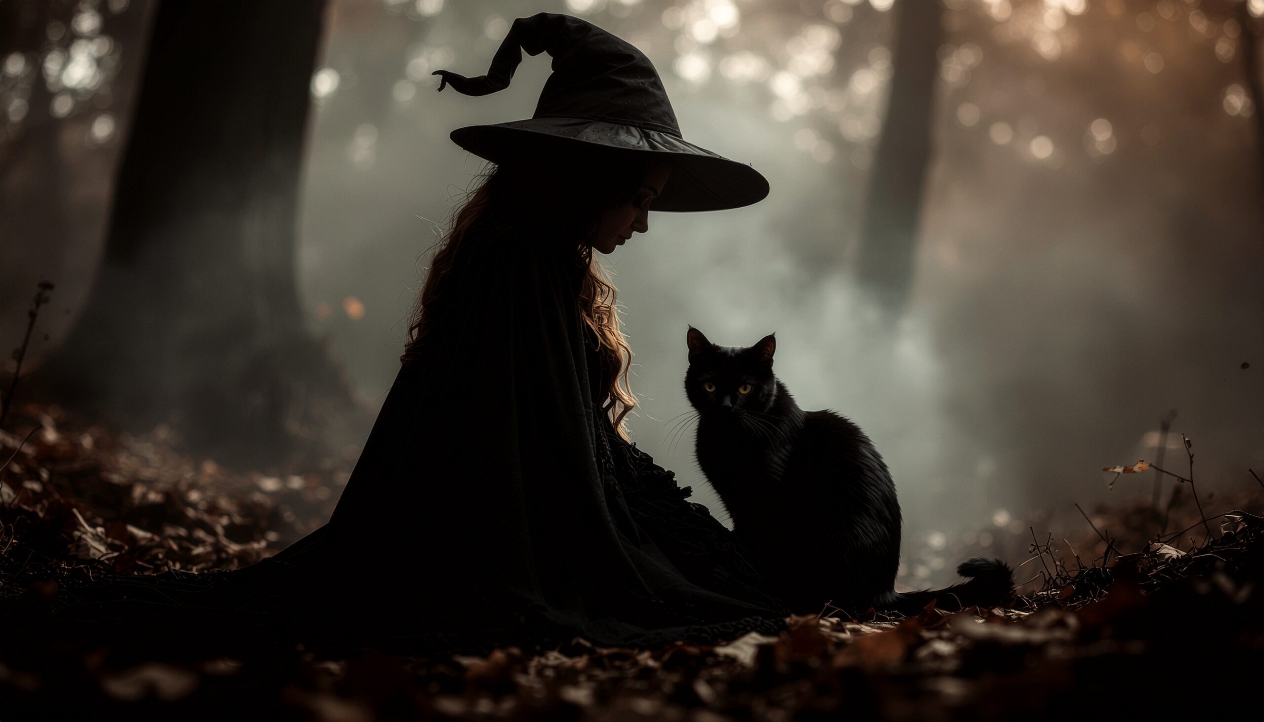 森の中で魔女と並ぶ黒猫。中世ヨーロッパでは魔女の使いとされ迫害され、不吉の象徴と結びつけられた歴史を持つ。