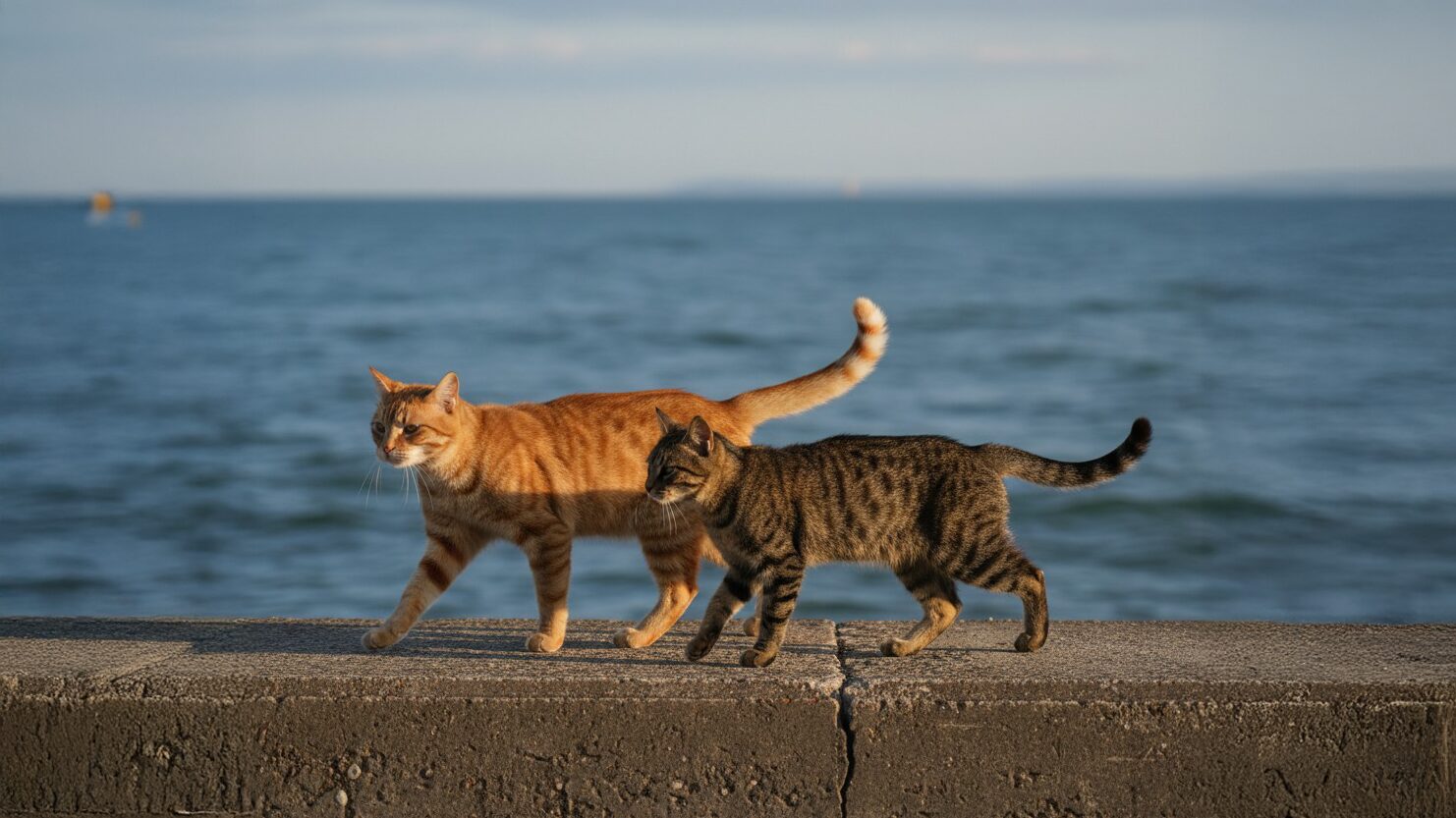 海辺を並んで歩く茶トラ猫とキジトラ猫｜金運や家庭運を象徴する存在