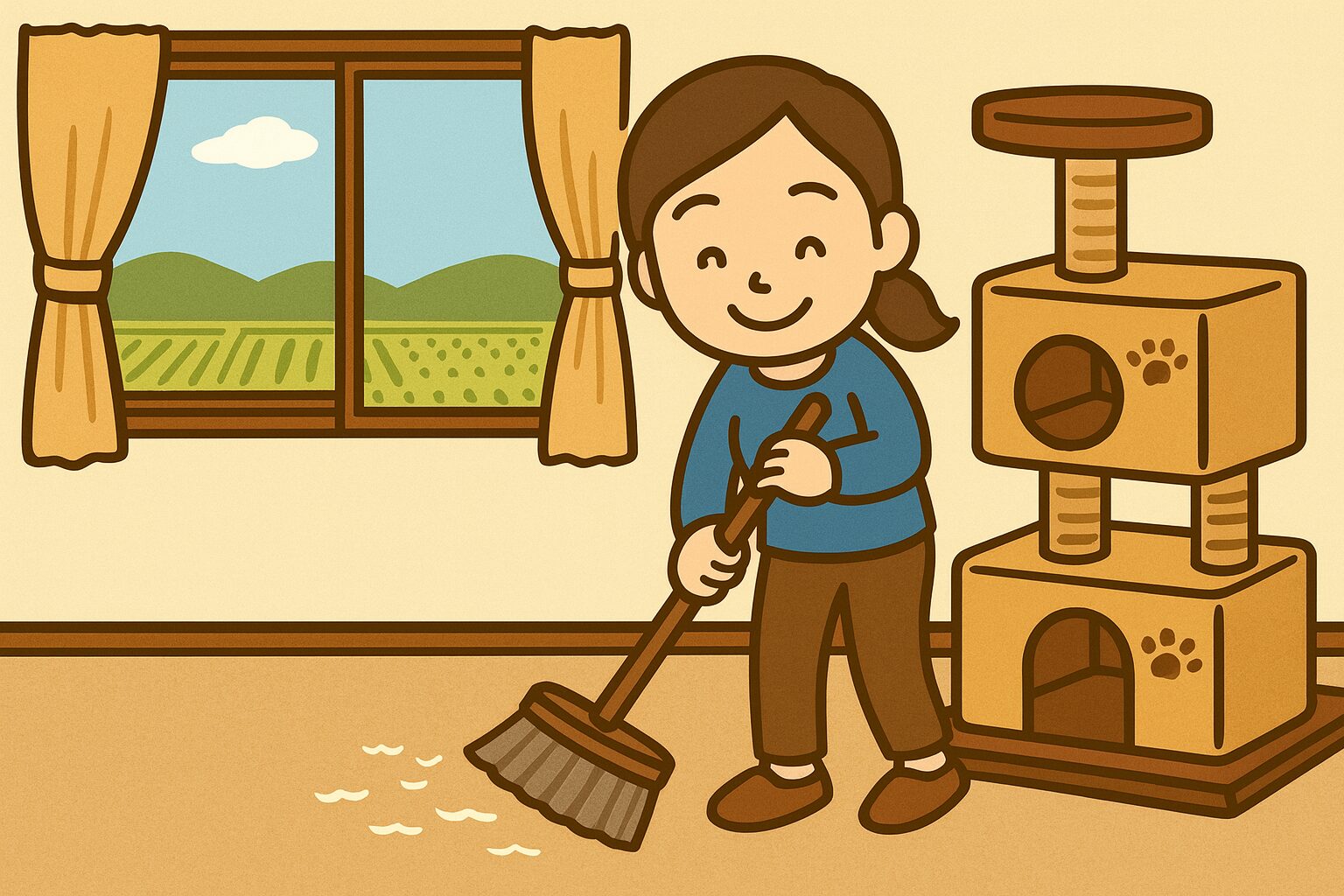 部屋で掃除をしている女性とキャットタワーのあるイラスト