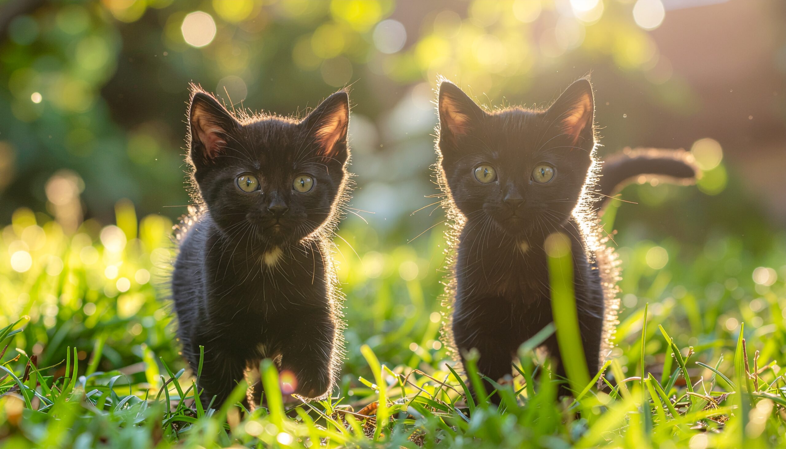草むらで並んで遊ぶ2匹の黒猫の子猫。仲良く寄り添う姿は恋愛運や家庭運を高める幸運の象徴。
