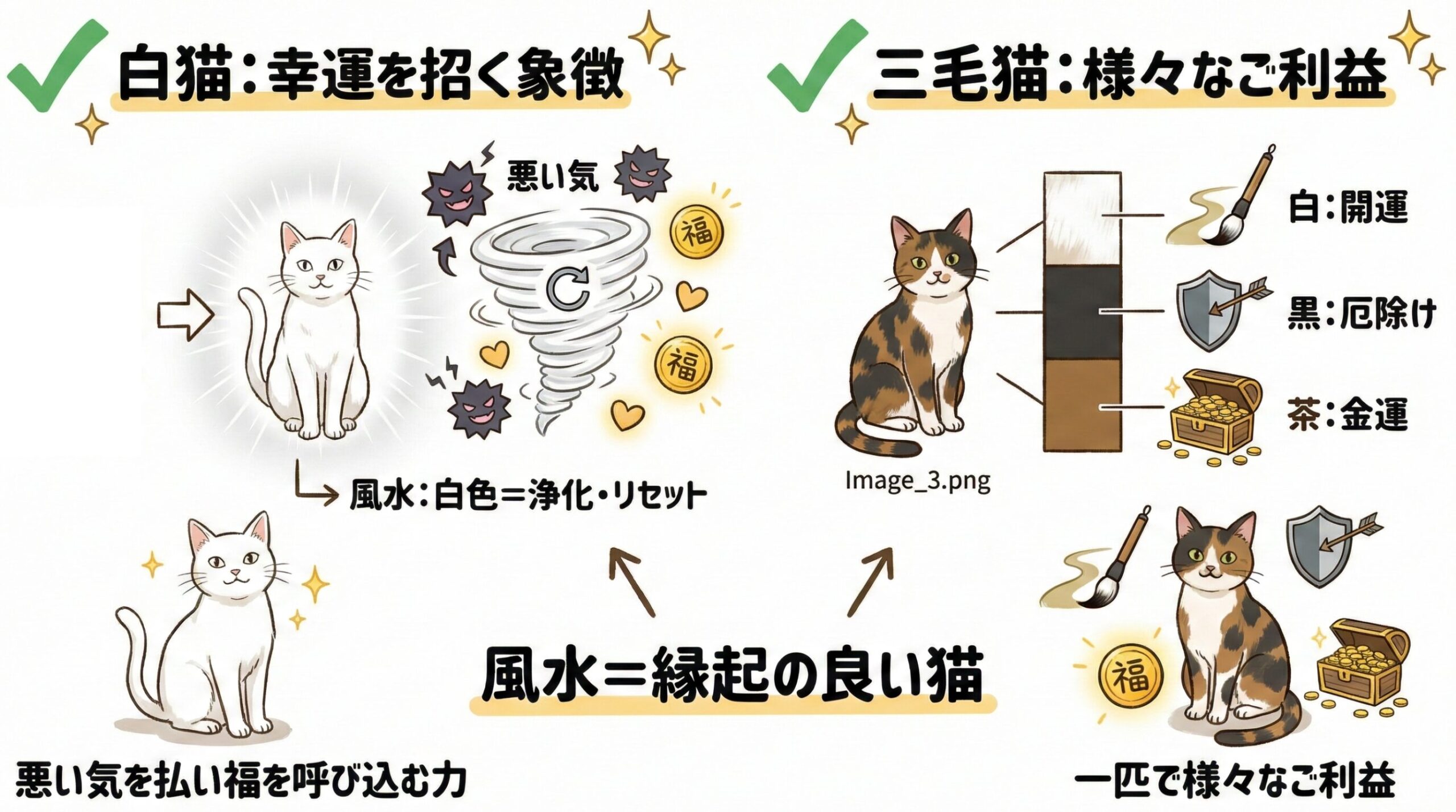 白猫の浄化・幸運効果と、三毛猫の3色（白・黒・茶）が持つ開運・厄除け・金運のご利益を図解
