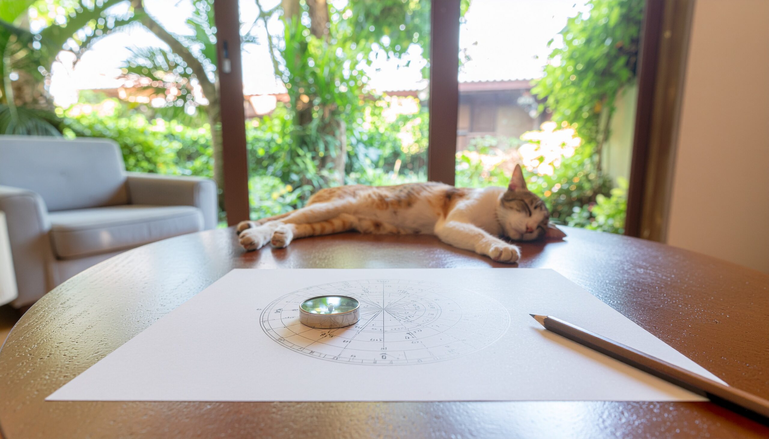 風水で使う方位磁石と間取り図の紙が置かれたテーブル。窓辺で猫がくつろぐ風景