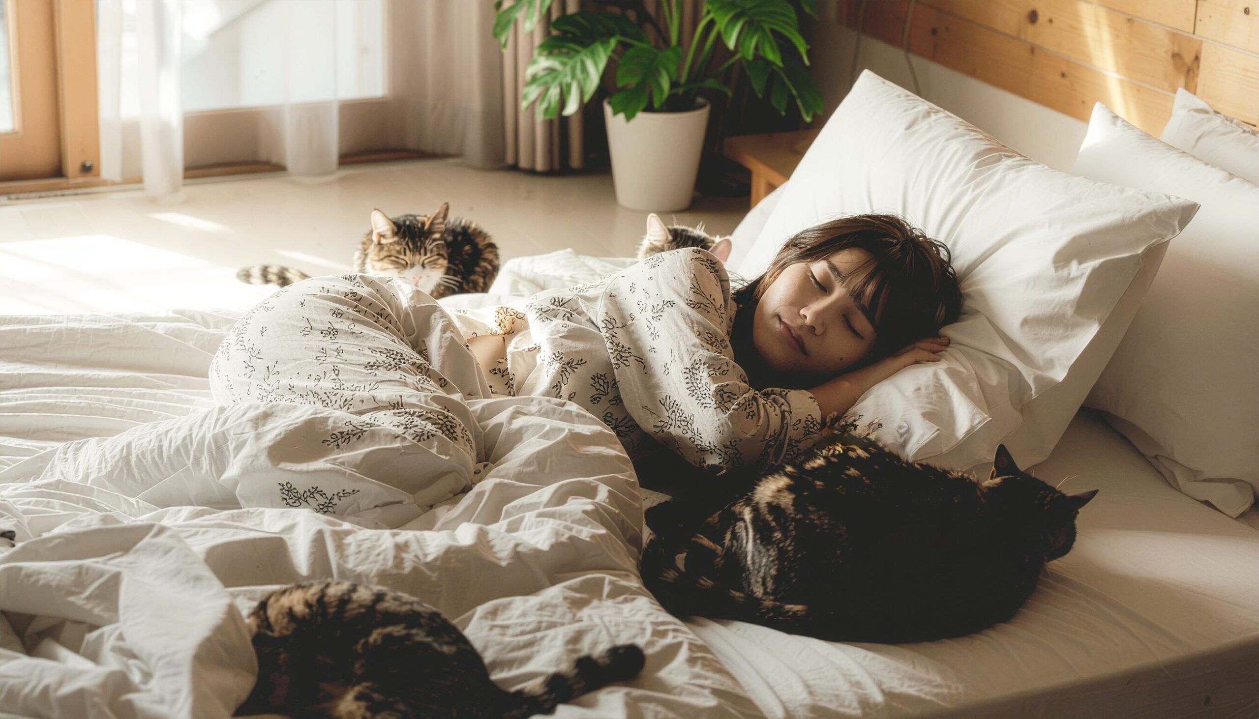 日当たりの良い寝室で、数匹の猫に囲まれて安心して眠る女性。猫が飼い主を選び、守るという魂の繋がりと前世からの縁を象徴する光景。