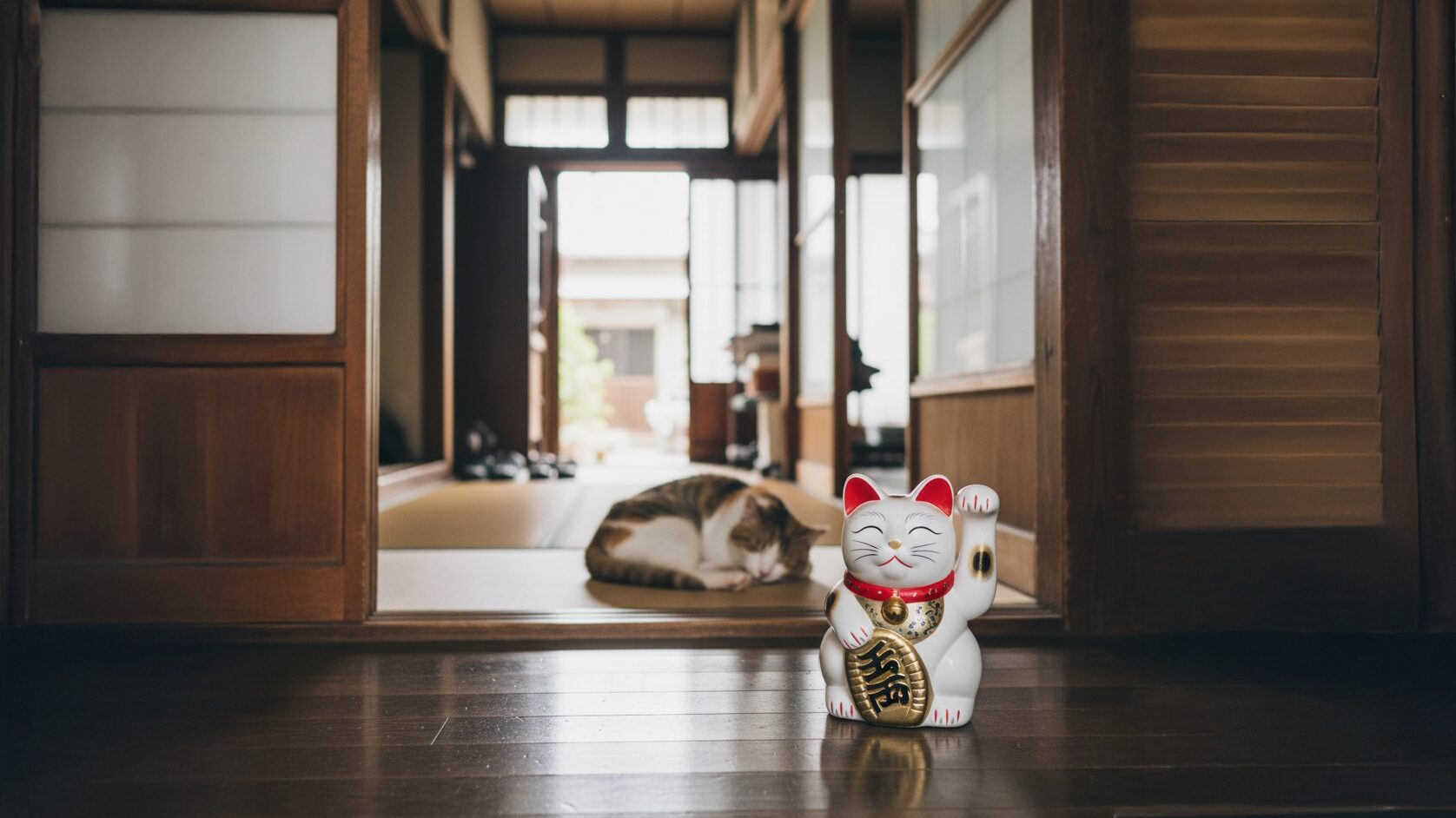和室の玄関に置かれた招き猫と眠る本物の猫｜招き猫の置き方と風水的意味