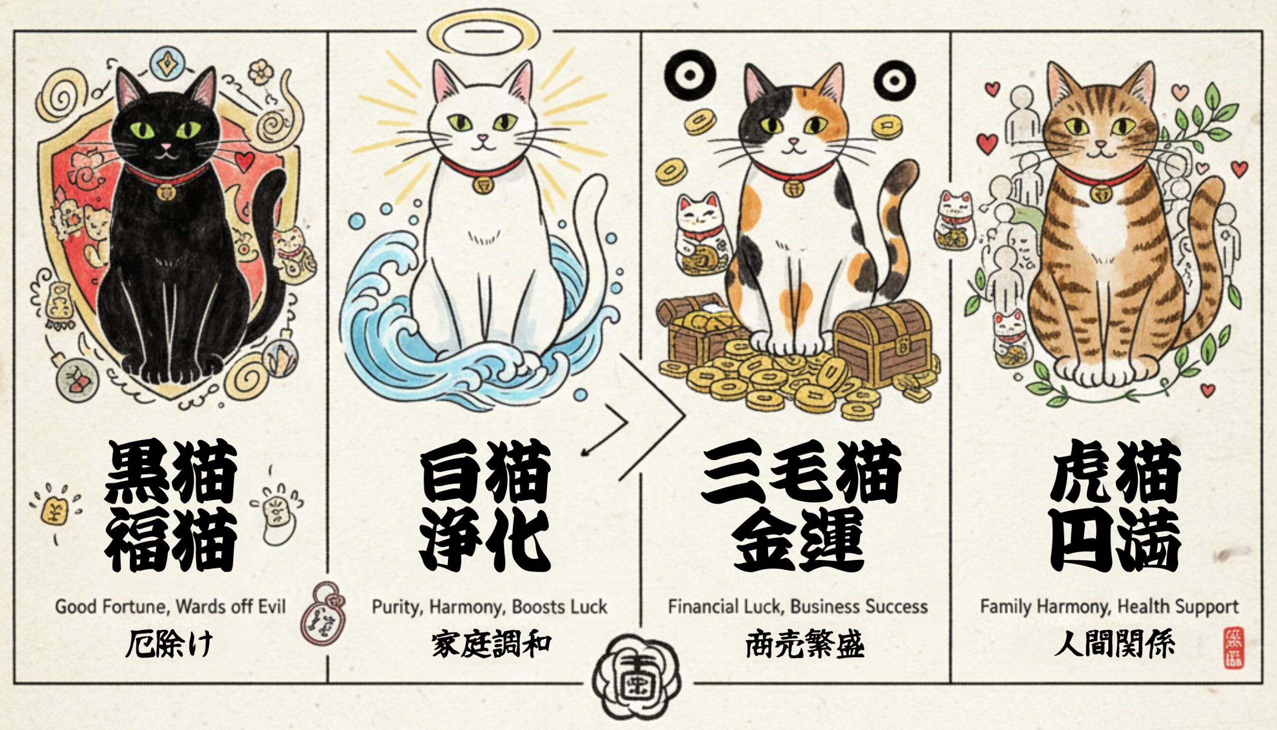 猫の毛色（黒猫・白猫・三毛猫・虎猫）が持つスピリチュアルな意味と効果を解説したイラスト。それぞれ厄除け、浄化、金運、家庭円満といった幸運を招く象徴として描かれている。
