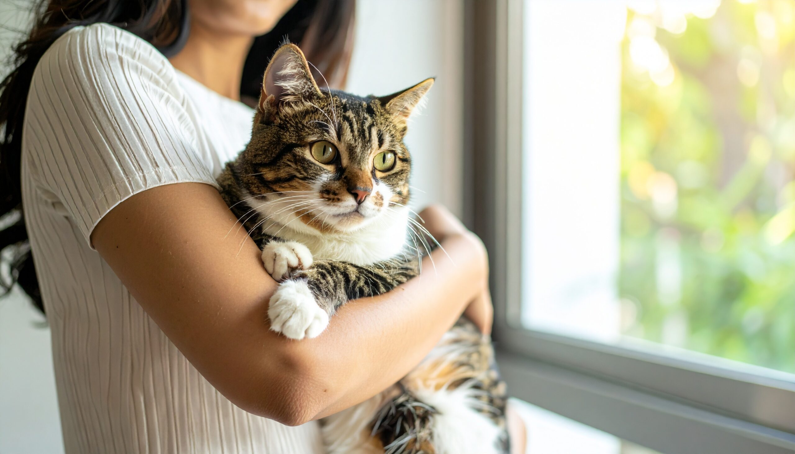 女性に抱かれた猫がリラックスしている様子｜愛情と絆が運気を高める