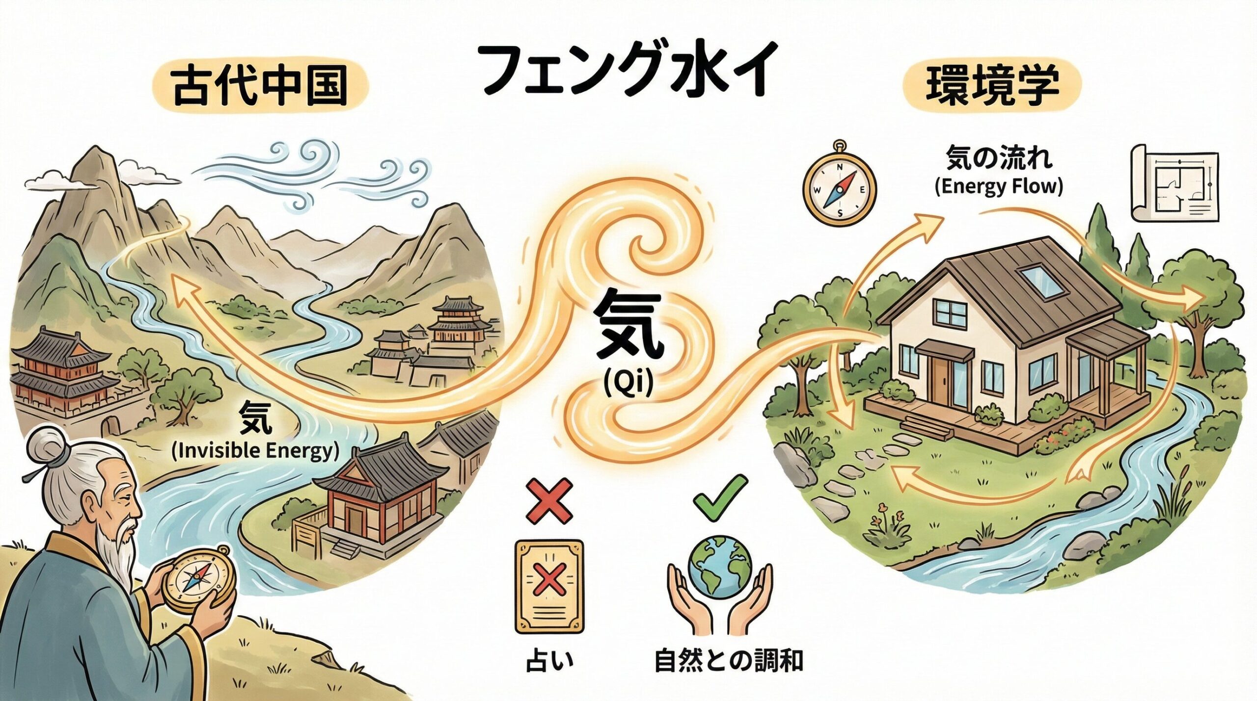 古代中国発祥の風水が、環境学として気の流れを整え自然と調和する概念の図解