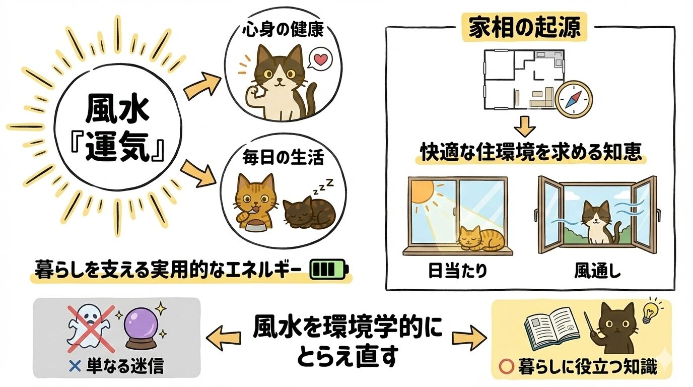 風水を単なる迷信ではなく、快適な住環境（日当たり・風通し）を求める環境学・実用的な知恵とする図解