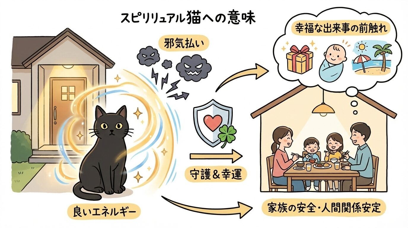 玄関の黒猫が邪気を払い、家庭円満や幸運を招くスピリチュアルな意味を示した図解