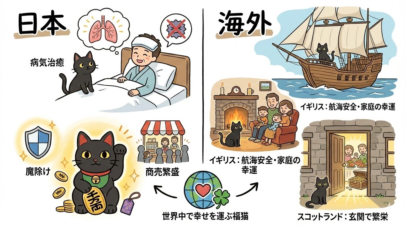 日本と海外での黒猫の縁起の良い意味。病気治癒、魔除け、商売繁盛、航海安全などのご利益比較図解