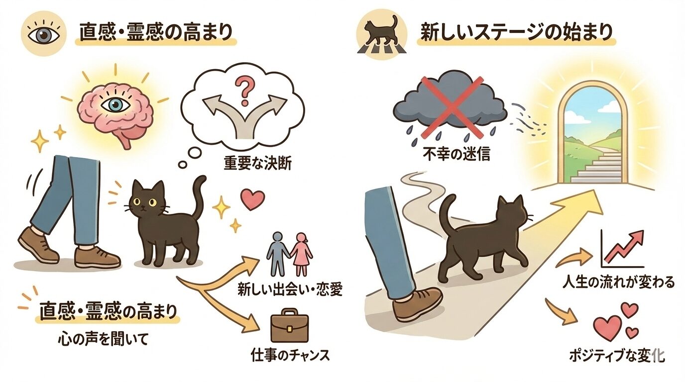 黒猫と目が合う時の直感の高まりや、横切る時の転機・新しいステージの始まりを示す図解