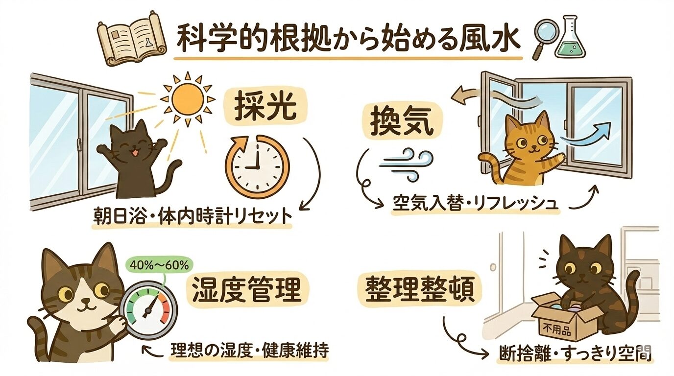 科学的根拠に基づく風水の実践法。採光、換気、湿度管理、整理整頓で運気と健康を高める図解