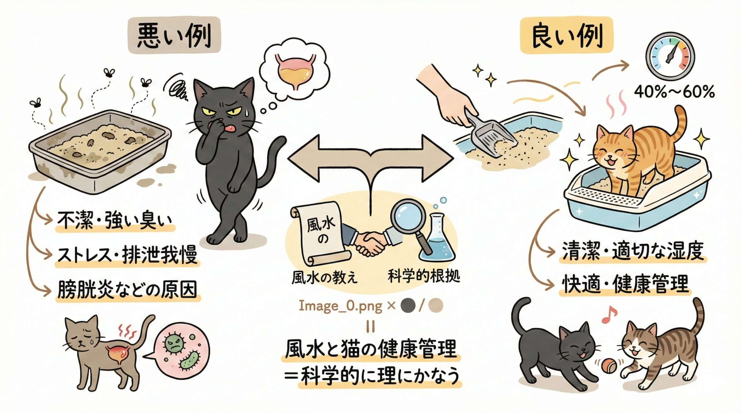 不潔なトイレの膀胱炎リスクと、清潔・湿度管理による健康効果、風水と科学の一致を示す図解