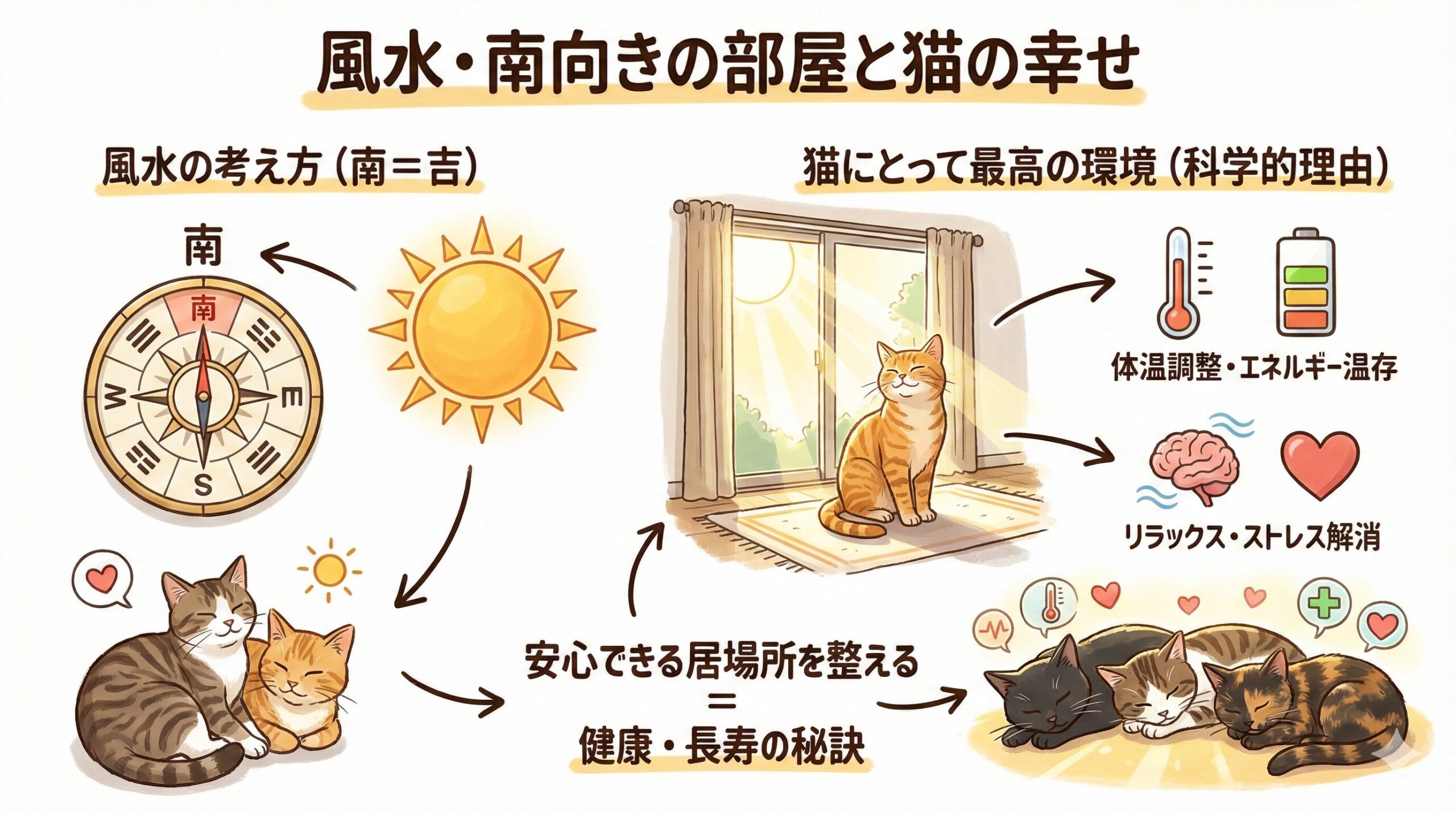風水で吉とされる南向きの部屋が、体温調節やストレス解消など科学的にも猫に最高な環境である図解