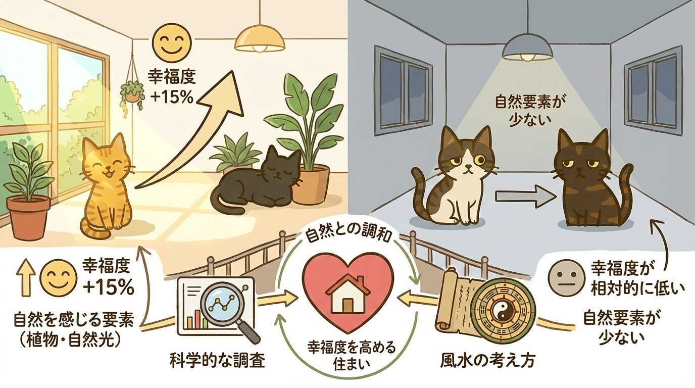 植物や自然光など自然要素が幸福度を15%高める科学的調査と風水の調和を示した図解