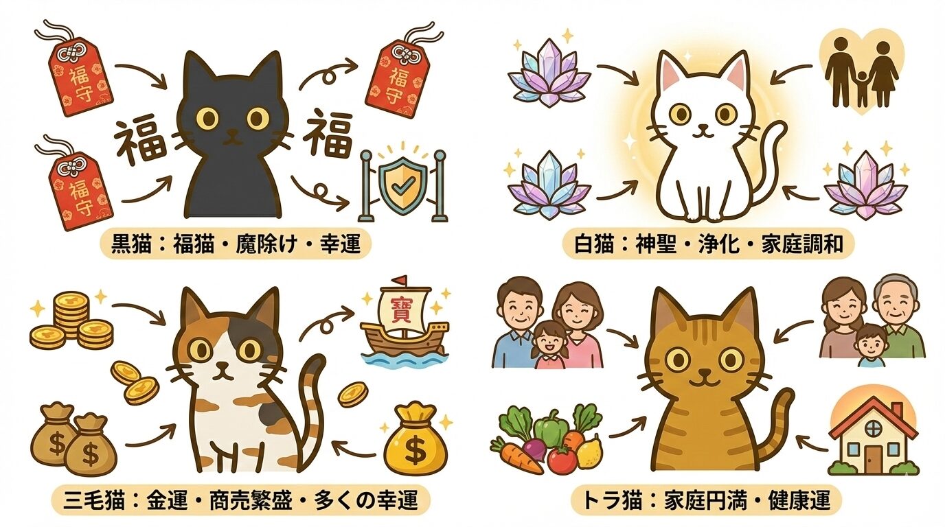 黒猫の魔除け、白猫の浄化、三毛猫の金運、トラ猫の家庭円満など、毛色別のスピリチュアルな意味の図解