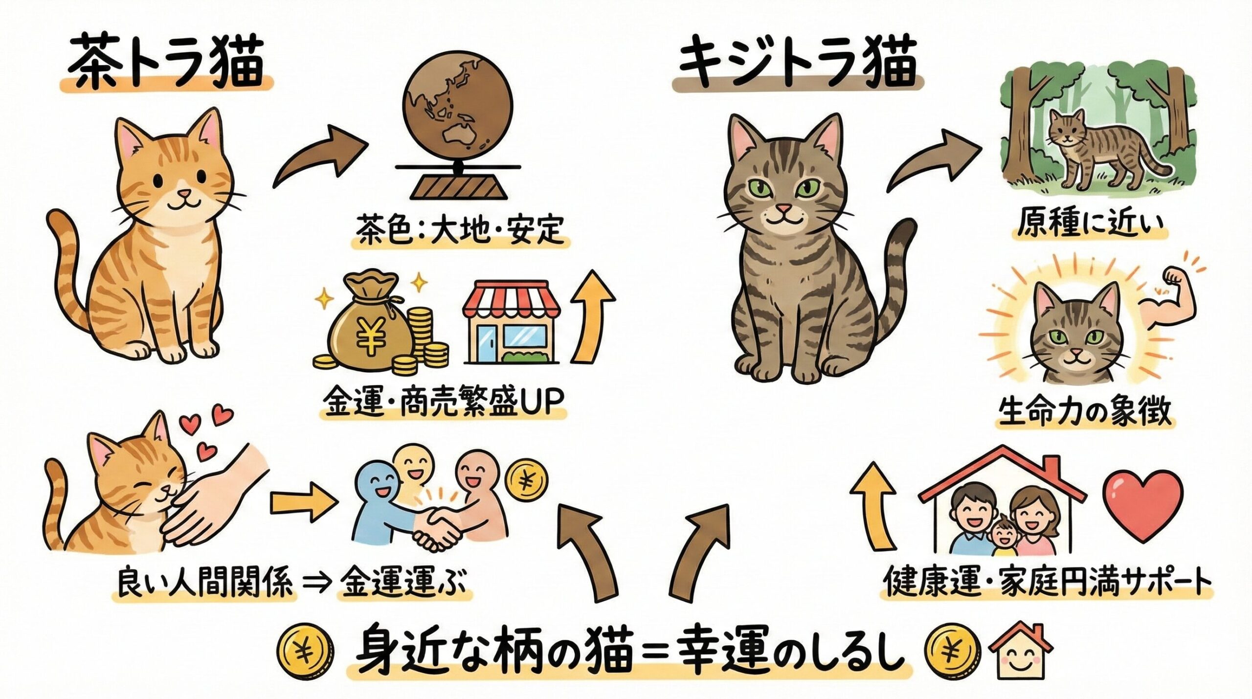 茶トラの金運・商売繁盛とキジトラの健康・家庭円満など、身近な柄が持つ幸運の意味を図解