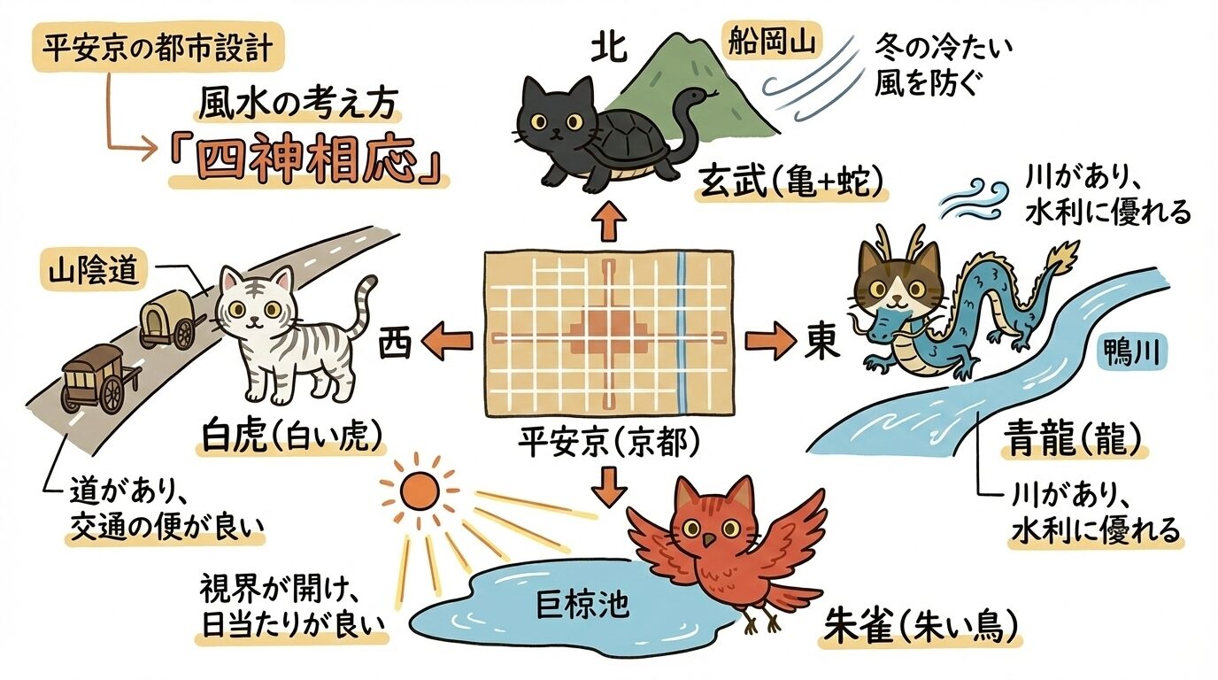 平安京の都市設計と風水の四神相応（玄武・青龍・朱雀・白虎）の地理的配置図