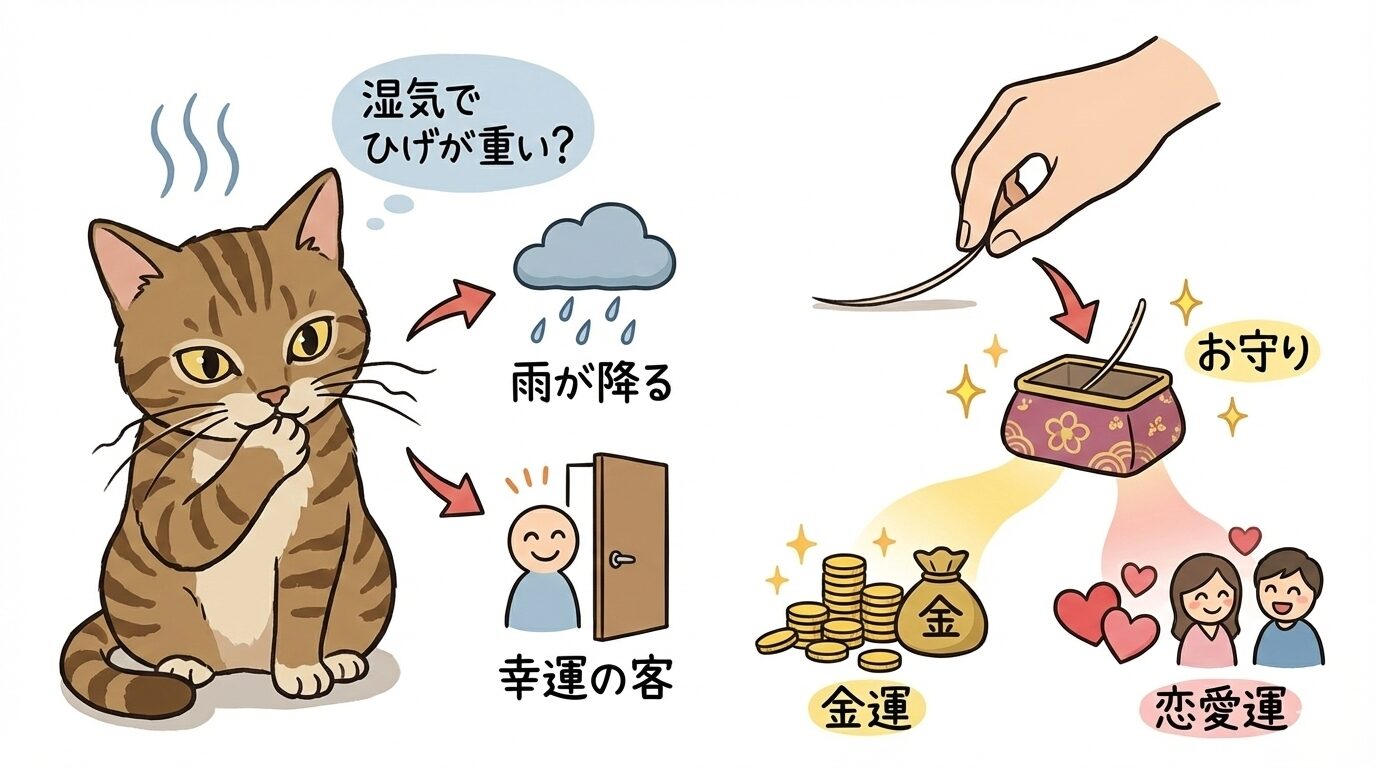 猫が顔を洗うと雨や客が来る言い伝えと、ひげを財布に入れると金運や恋愛運が上がるお守りになる図解