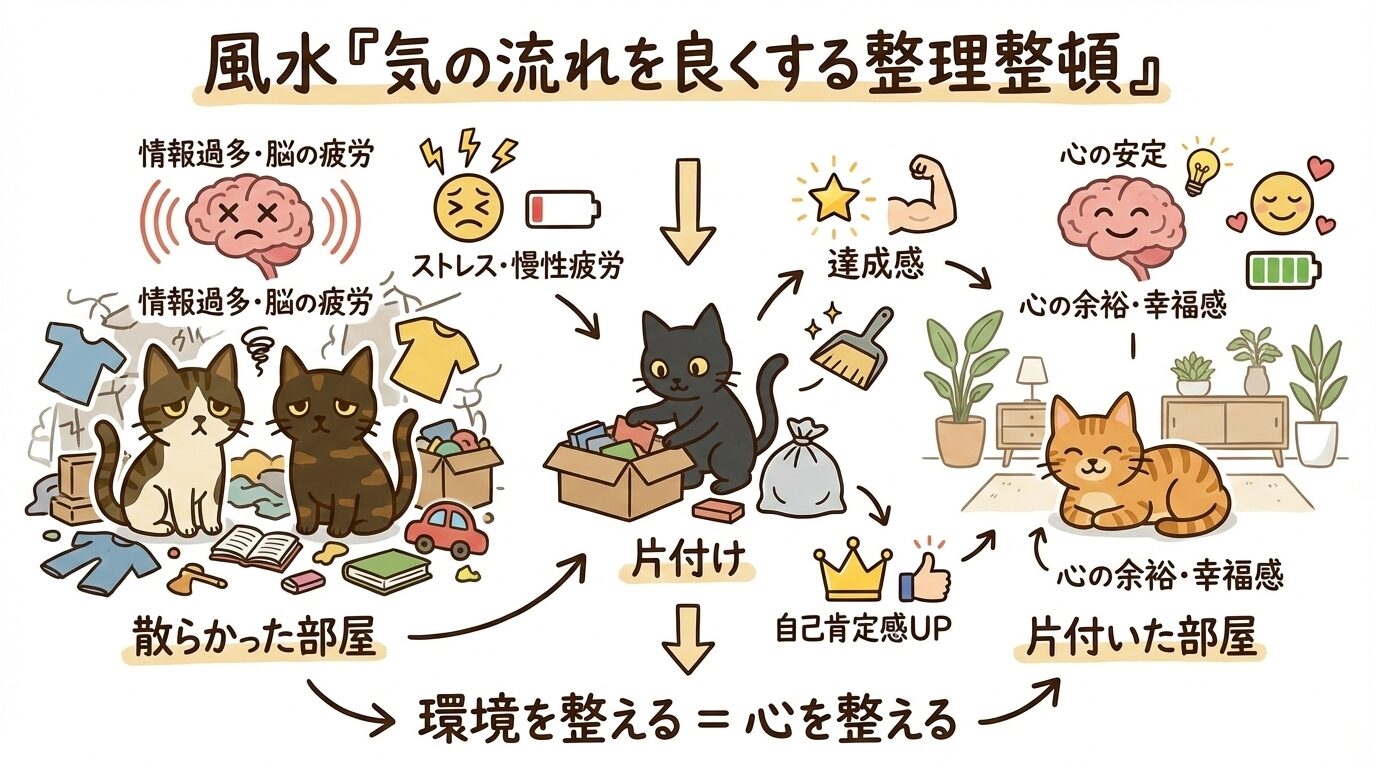 風水的な整理整頓がもたらす脳の疲労軽減、ストレス解消、自己肯定感と幸福感アップの図解