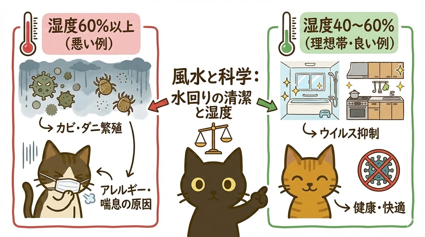 湿度60%以上のカビ・ダニ繁殖と40-60%の適正湿度によるウイルス抑制・健康効果の比較図解