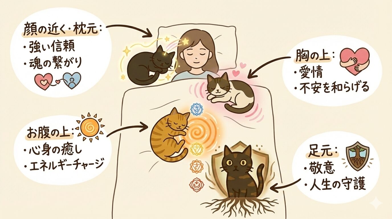 猫が寝る位置（顔・胸・お腹・足元）ごとのスピリチュアルなメッセージと意味の図解
