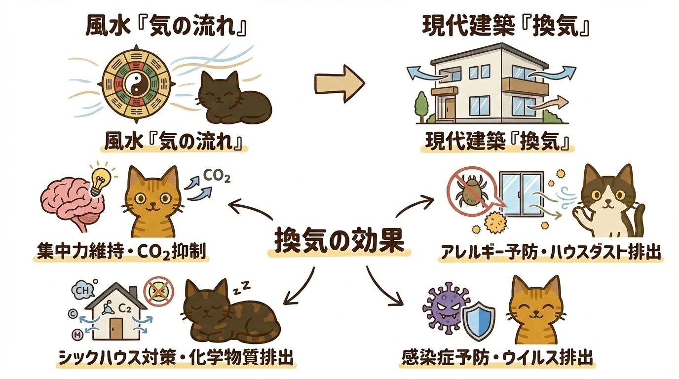 風水の気の流れと現代建築の換気を比較し、CO2抑制や感染症予防など健康効果を解説した図解