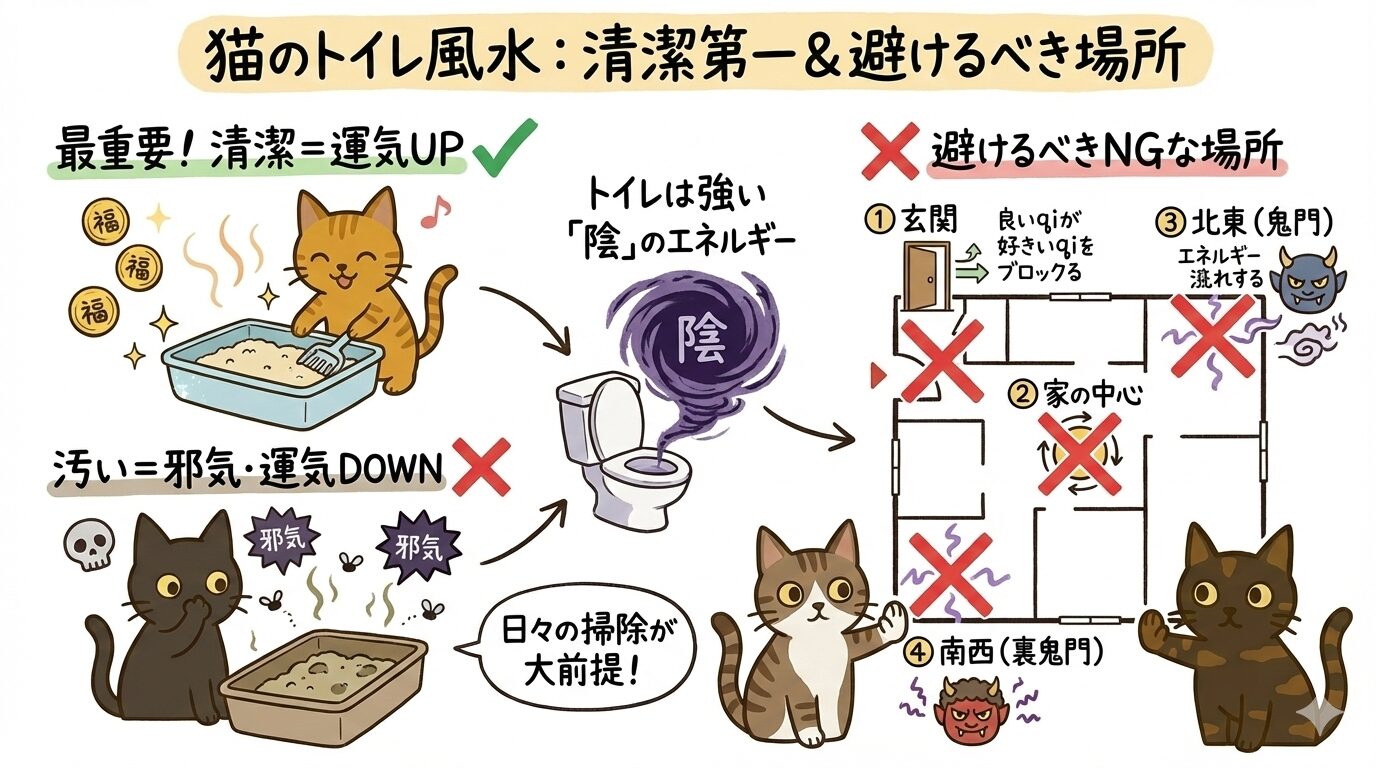 運気を下げない猫のトイレ風水。清潔の重要性と玄関や鬼門など避けるべきNG場所の図解