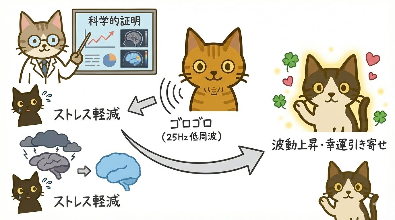 猫のゴロゴロ音（25Hz低周波）によるストレス軽減と波動上昇・幸運引き寄せ効果の図解