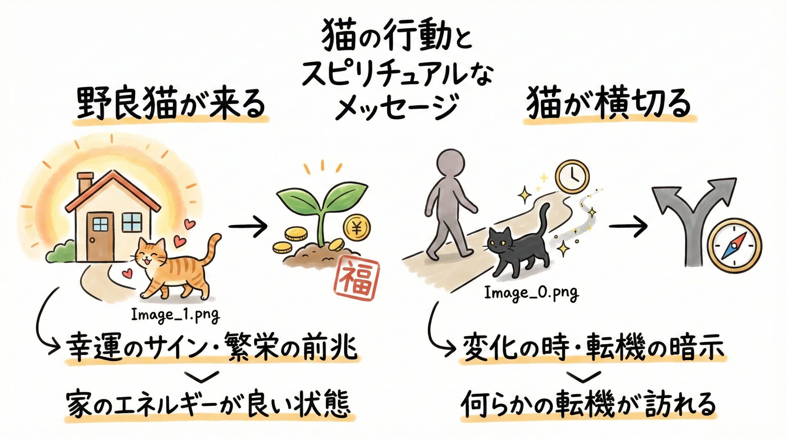 野良猫が来る幸運のサインと、横切る時の人生の転機というスピリチュアルな意味の図解