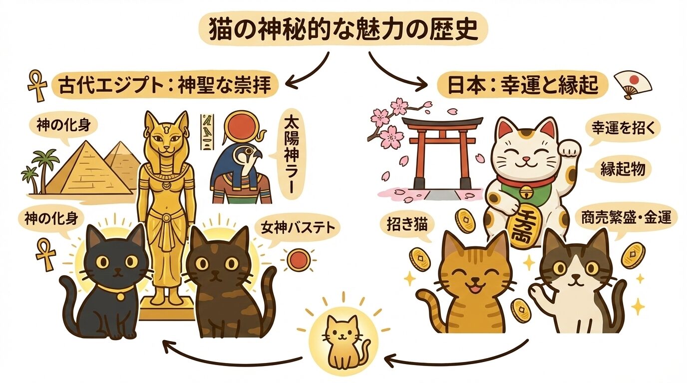 古代エジプトでの神聖な崇拝と、日本での招き猫としての縁起の良さを対比させた猫の歴史図解
